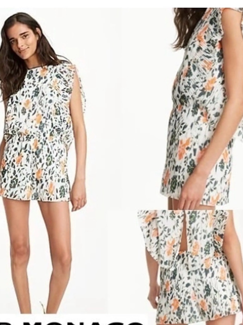 Club Monaco White Floral Pleated Romper with Orange & Green Accents